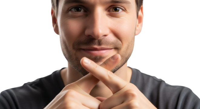 Man thinking portrait with crossed fingers concept idea for business strategy and decision making process on transparent background - Powered by Adobe