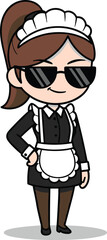 Cartoon Vector Illustration of Stylish Maid in Black Dress with Sunglasses and Confident Pose on White Background