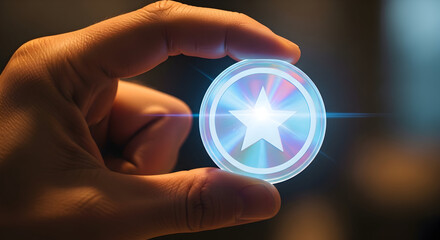 Hand holding glowing star emblem digital innovation success achievement future technology progress award prize excellence rating feedback