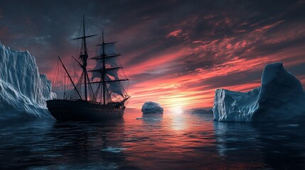 Obraz premium Vessel sails between icebergs under fiery sunset, navigating arctic waters