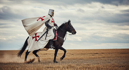 Knight Templar Riding a Horse Across a Barren Field with Cross Motif Adornment