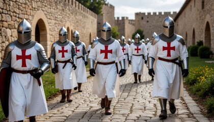 A historic order of medieval crusader knights in full armor marching through a stone fortress