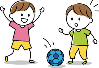 Cartoon Vector Illustration of Two Kids Playing Soccer with Joyful Expressions and Colorful Outfits on White Background
