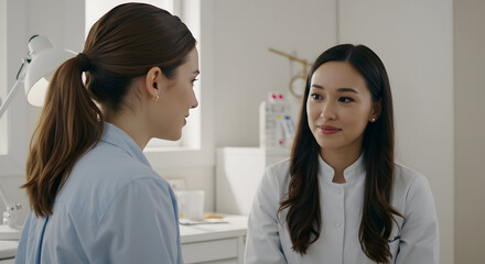 Fototapeta premium Two female doctors having a conversation in a medical office healthcare professionals teamwork medical staff women doctors discussion medicine health clinic consultation patient care