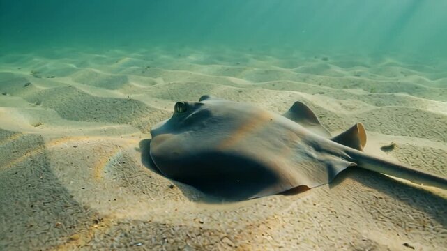 An elegant stingray gracefully glides across the sun-dappled sandy seabed in clear ocean waters, embodying the tranquil beauty and mysterious allure of marine wildlife and its pristine habitat
