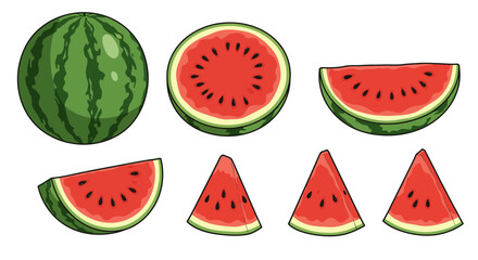 Watermelon Vector Set &ndash; Whole, Halved, and Sliced Fruit Illustrations