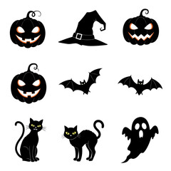 Halloween Icon Set – Pumpkins, Witch Hat, Ghost, Cat, and Bats Silhouette Vector