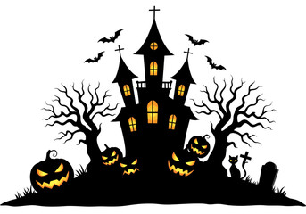 Spooky Haunted Castle with Pumpkins and Bats – Halloween Night Silhouette Art