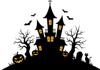 Spooky Haunted Castle with Pumpkins and Bats – Halloween Night Silhouette Art