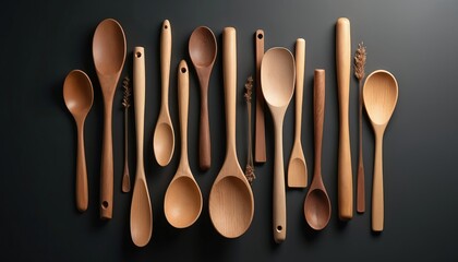 Collection of wooden kitchen utensils, including spoons, spatulas, forks, arranged on dark surface. Features natural wood grain, smooth finishes, various sizes for diverse cooking tasks.