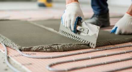Technician applying thinset mortar over electric floor heating mat demonstrating professional method for radiant floor system setup.