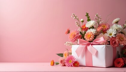 Fototapeta premium White gift box with pink bow and vibrant flowers. Pink background creates festive mood. Surprise present with floral arrangement for special occasions like birthdays, anniversaries, or holidays.