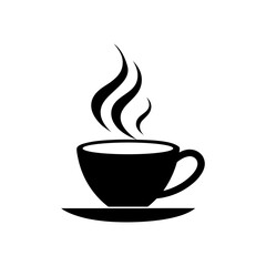 Minimal handmade silhouette of coffee cup with rising steam hot drink icon on white background