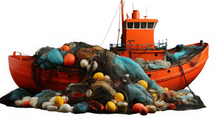 An orange fishing boat loaded with nets and equipment, ready for a day at sea to catch fish and supply seafood isolated on transparent background