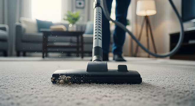 A person uses a vacuum cleaner to clean a carpeted floor in a modern living room, maintaining a spotless and comfortable home environment.