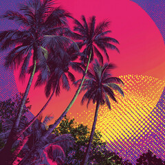 Colorful tropical palm trees silhouetted against vibrant sunset background  