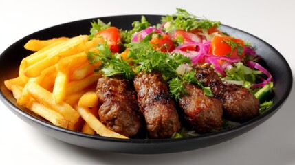 Fototapeta premium Delicious grilled kebabs served with crispy fries and fresh salad. Perfect for a satisfying meal. Enjoy the vibrant colors and flavors in this appealing dish. AI
