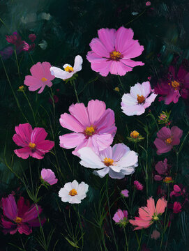 Bright Pink, White, and Purple Cosmos Flowers in a Lush Garden Blooming Display