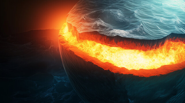Volcano Lava Flow Into Ocean Under Dark Sky: Fiery Melt Meeting Cold Water