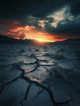 Sunset Over Cracked Dry Earth Landscape With Parched Ground And Distant Horizon