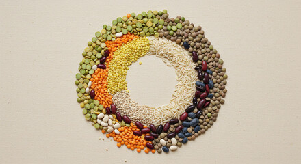 Variety of colorful grains and seeds arranged in a circle
