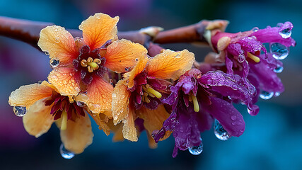 Rain-Kissed Transition: Orange and Purple Blossoms with Crystal Droplets