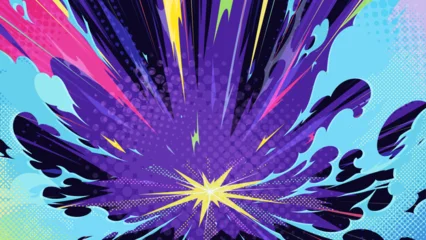 Gardinen Pop Art グラフィティ風のカラフルでポップな着地の衝撃の煙と衝撃の光の背景イラスト_16:9  © ふわぷか