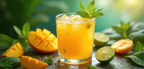 Refreshing mango lime drink with mint garnish sits in vibrant tropical scene. Freshly cut mango slices, bright green limes surround cold beverage filled with ice cubes. Thirst quenching summer cooler
