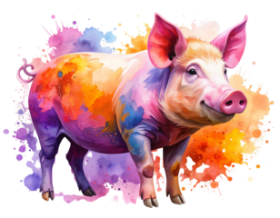  Abstract Watercolor Pig Illustration with Vibrant Pink and Orange Splash, Transparent Background