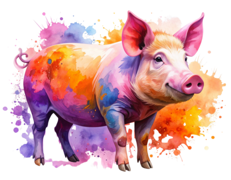  Abstract Watercolor Pig Illustration with Vibrant Pink and Orange Splash, Transparent Background - Powered by Adobe