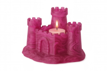 Pink sand castle candleholder glowing with soft candlelight, illuminating transparent background with warm, enchanting ambiance