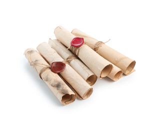 Old rolled paper scrolls isolated on white
