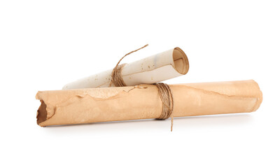 Old rolled paper scrolls isolated on white