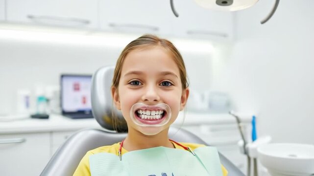 A happy and brave young girl sits in the dentist's chair with a cheek retractor in her mouth for a routine dental checkup and teeth cleaning
