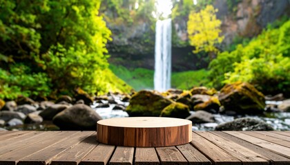 Fototapeta premium Wooden product display platform set against a scenic waterfall backdrop