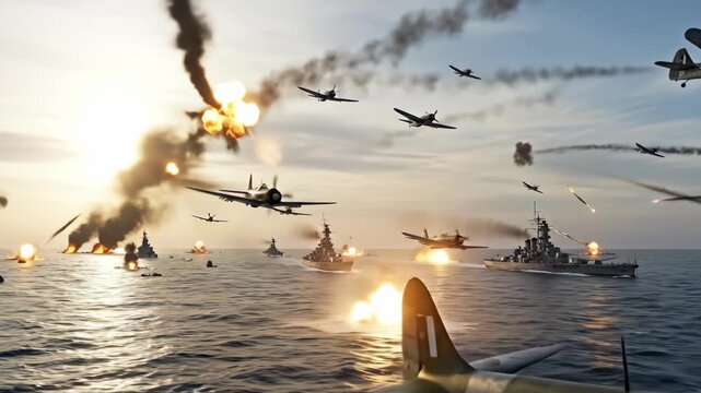 A dramatic and chaotic depiction of a massive world war 2 naval battle with warships and fighter planes engaged in intense combat with explosions and smoke