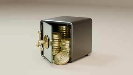 달러 동전이 쌓여있는 강철과 유리문으로 만든 튼튼한 금고