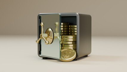 달러 동전이 많이 쌓여 있는 금고