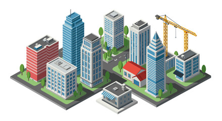 Isometric cityscape with modern buildings and construction crane in urban setting