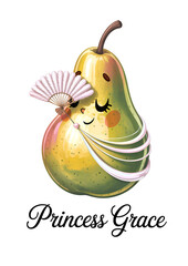 Kawaii pear sticker Princess Grace with pearls and fan, cute and elegant fruit character PNG illustration on transparent background