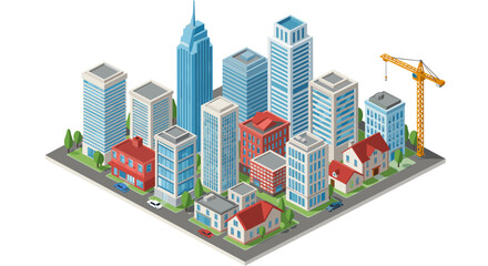 Isometric cityscape with skyscrapers and construction crane featuring urban architecture