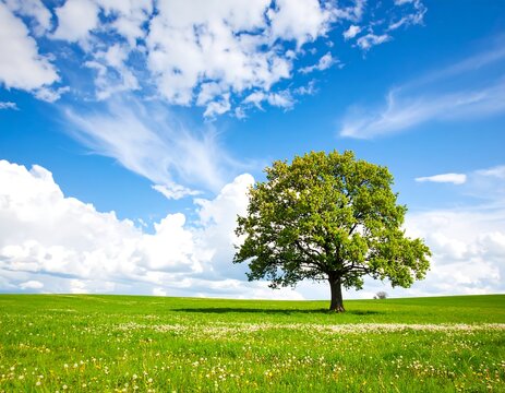 Lush green field with a solitary tree under a vibrant blue sky - Powered by Adobe