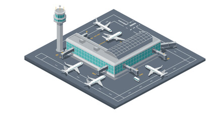 Modern isometric airport terminal with airplanes and control tower