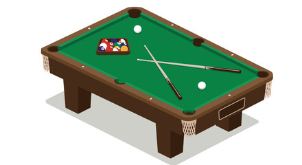 Isometric pool table with cue sticks and billiard balls on green felt surface