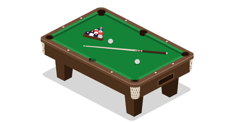 Isometric pool table with cue ball and rack set on green surface