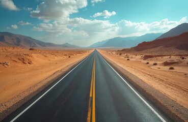 Aerial view of empty asphalt road stretching through vast desert landscape. Highway disappears into horizon under blue sky with scattered clouds, flanked by arid terrain and distant mountains.