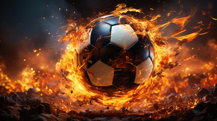 Fototapeta premium A soccer ball engulfed in flames, symbolizing intense passion, energy, and the thrill of the game