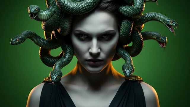 Serpent Queen: Medusa's Gaze, Mythic Beauty, Deadly Grace, Gorgon Portrait, Enchanting Horror, Snake-Haired Siren, Petrifying Beauty, Mythological Enchantress, Emerald Serpent Crown.