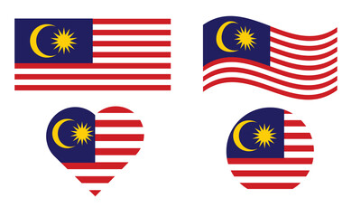 Malaysia flag round circle sticker badge, heart-shaped icon. Malaysian flag buttons of different shapes. Vector illustration isolated on white.