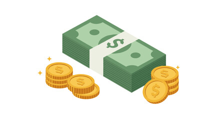 Isometric stack of cash and coins with dollar symbol on white background